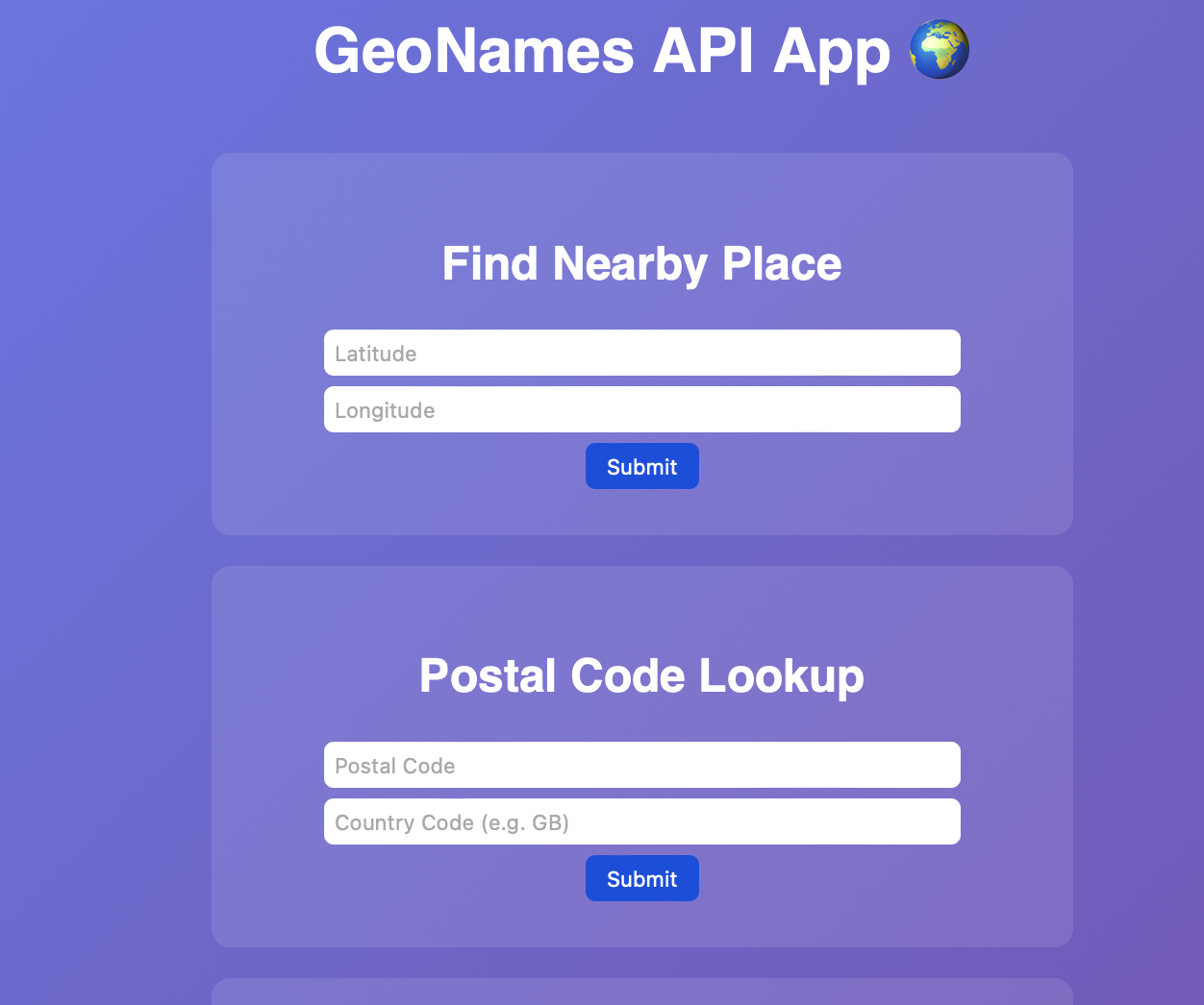 Screenshot of GeoNames API Web Application